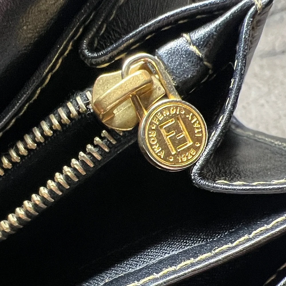 FENDI Black and Brown Striped Continental Wallet with Gold Tone Chain